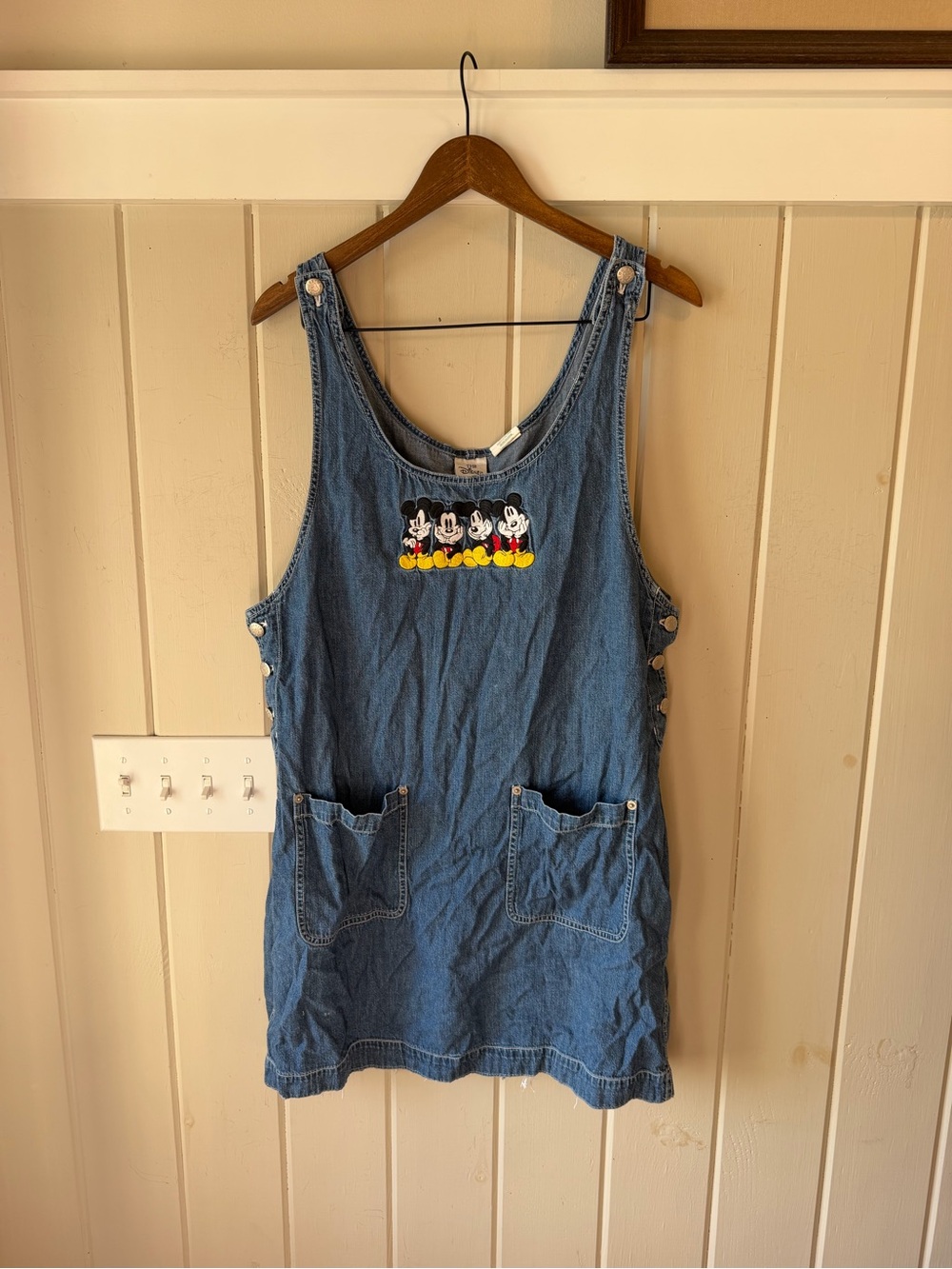 Vintage Disney Medium Wash Blue Denim Dress w/ Embroidered Mickey Mouse, Size XL